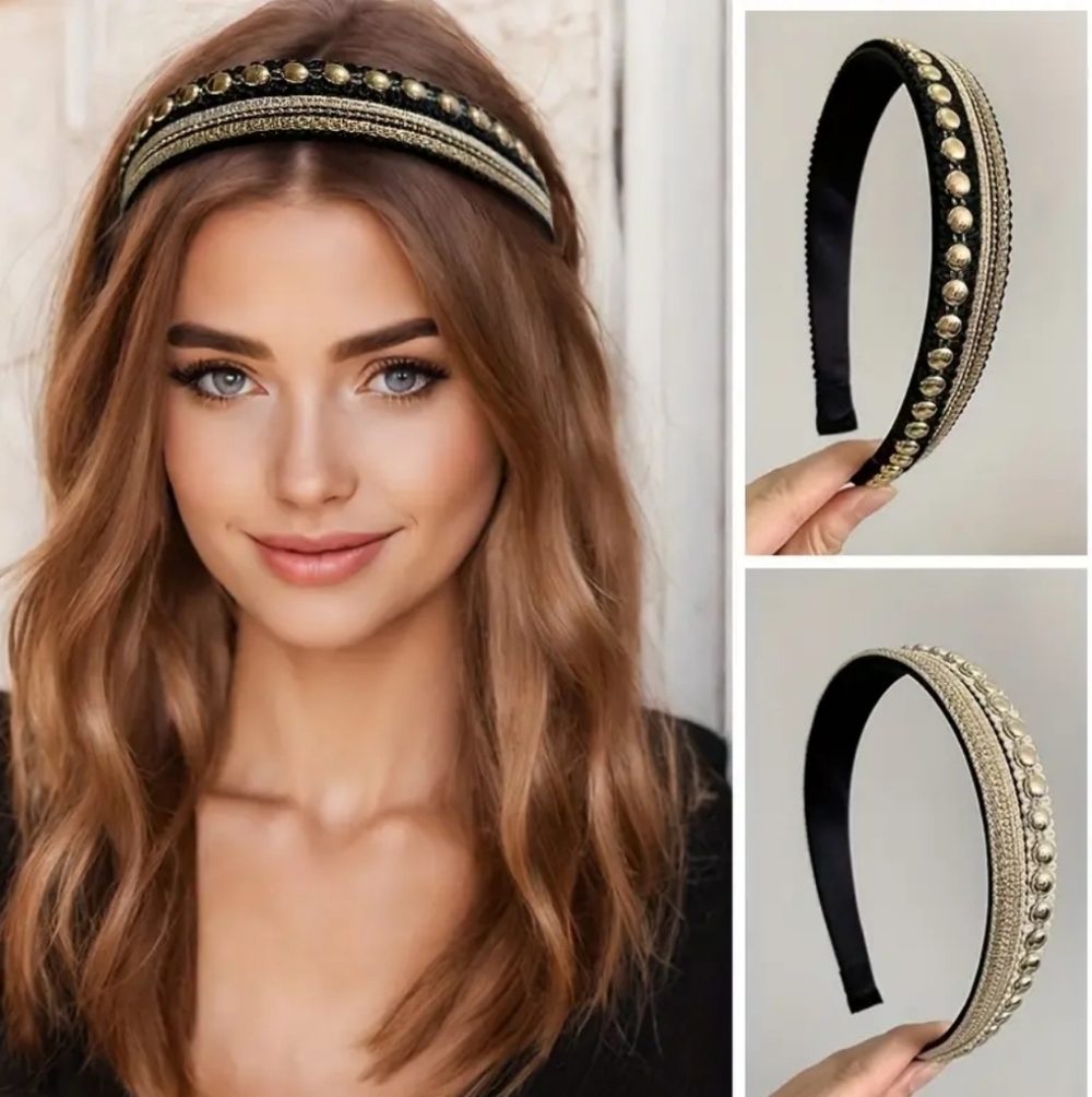 2pc Set Headbands, Baroque, Ribbon Goldtone Metal, NEW